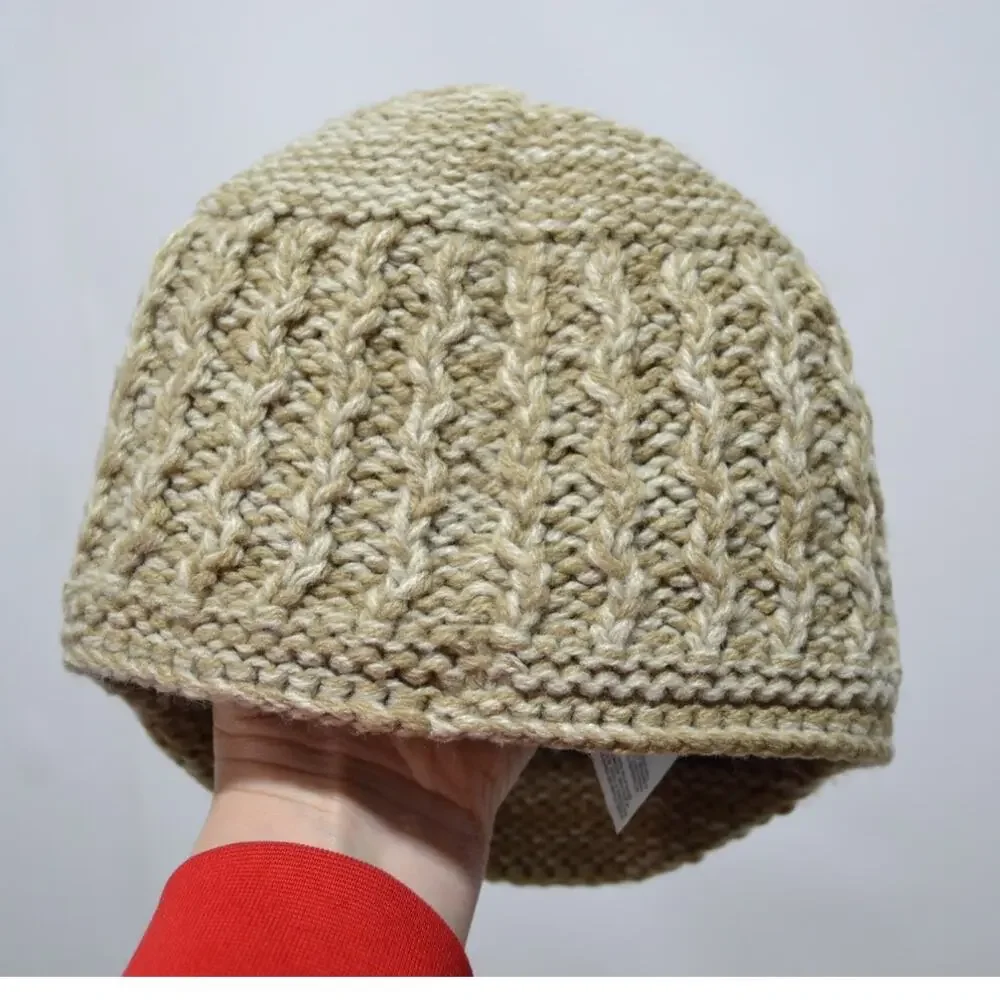 Eddie Bauer Girls Tan & Cream Knit Brimmed Beanie Hat Fleece Lined